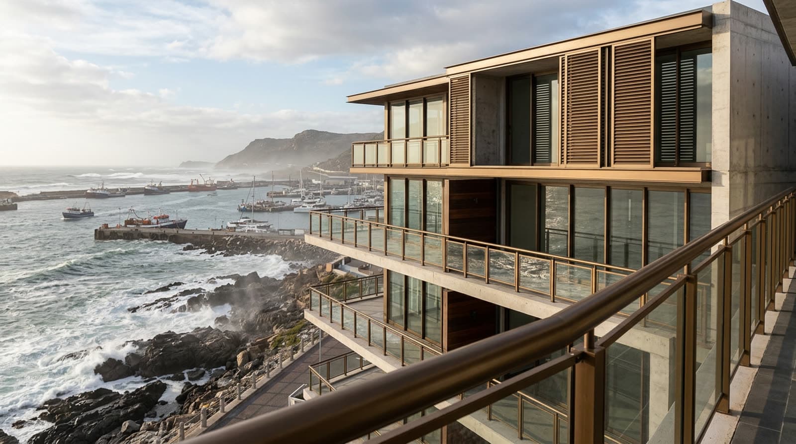 Bronze powder coated aluminum railings and window frames on a waterfront building beside the ocean