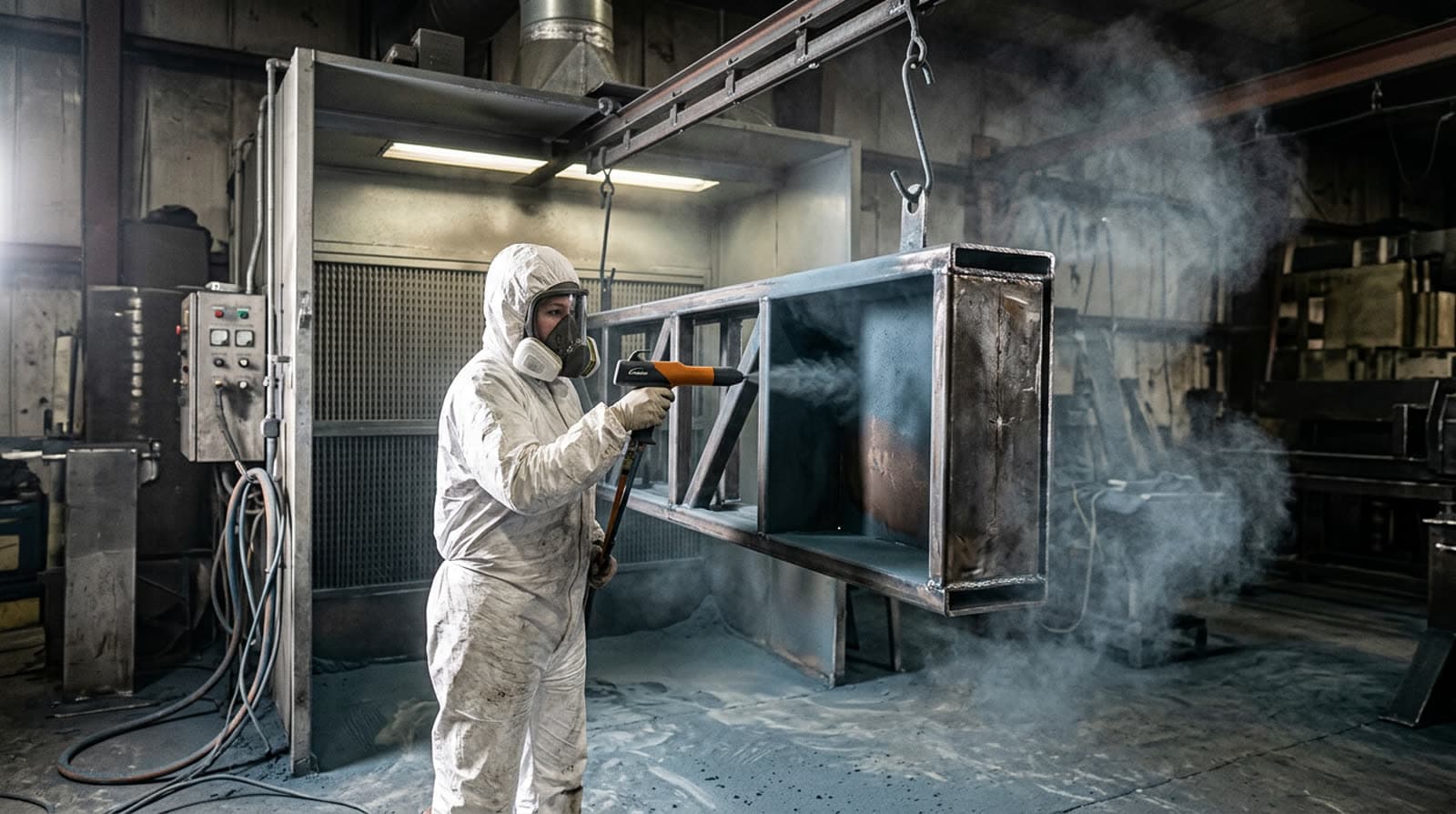 Operator electrostatically spraying powder into the inside corner of a welded steel box section in a coating booth
