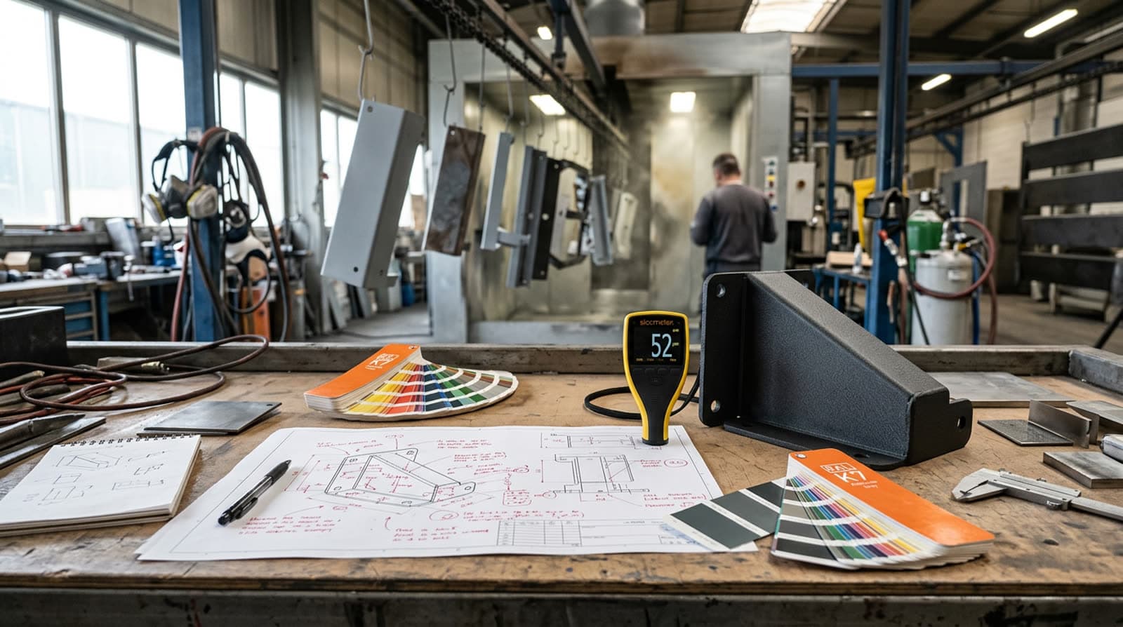 Engineering drawing with markups, coating thickness gauge, colour fan deck and a powder coated steel bracket on an inspection bench
