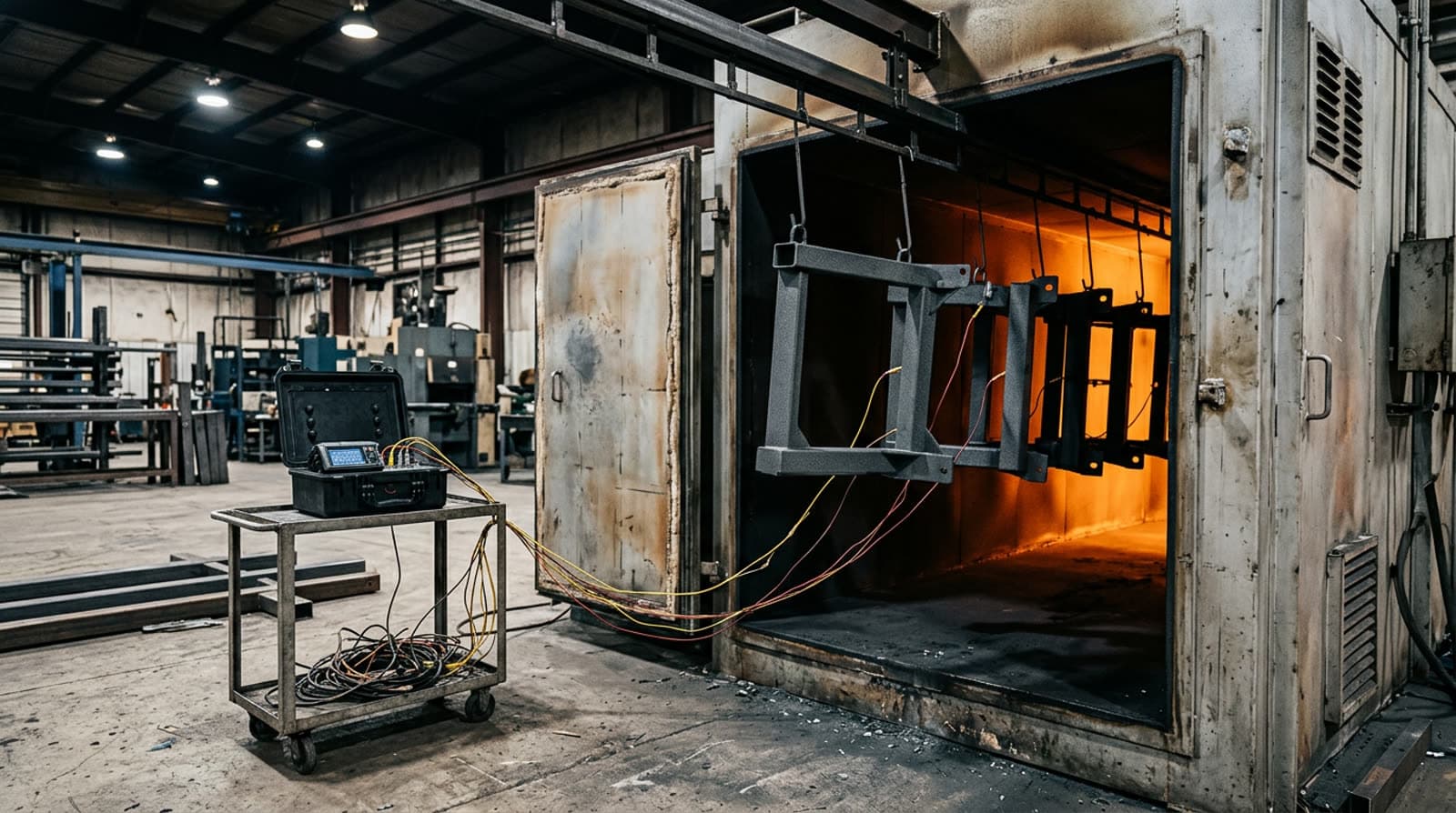 Heavy powder coated steel weldments with thermocouple wires entering an industrial cure oven