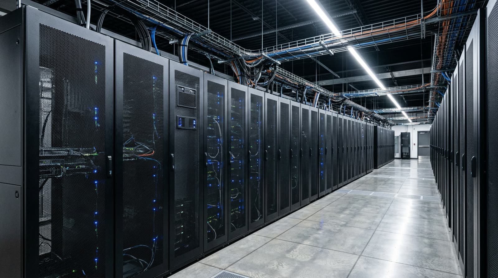 Row of matte black powder coated server cabinets and power enclosures in a modern data center aisle