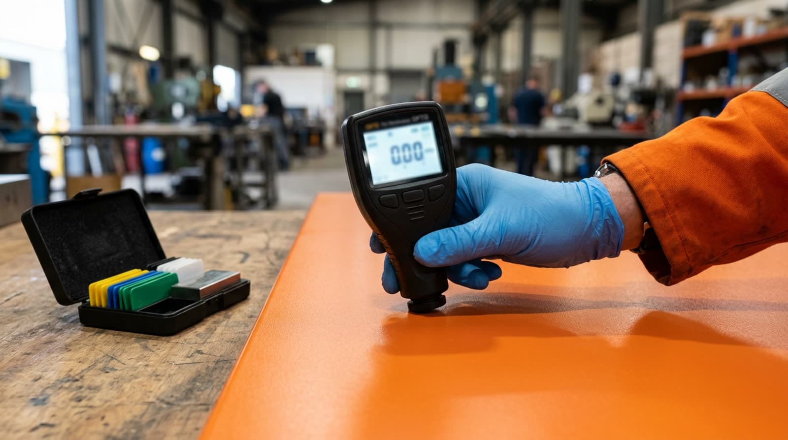 Inspector pressing a digital dry film thickness gauge probe onto an orange powder coated steel panel