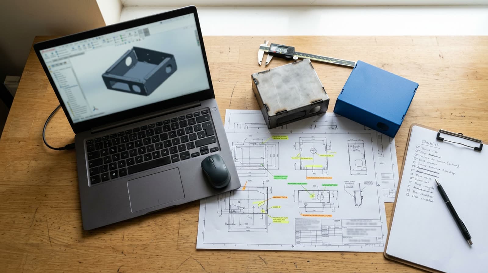Engineer's desk with CAD model, marked-up drawings, caliper and raw and powder coated sheet metal parts