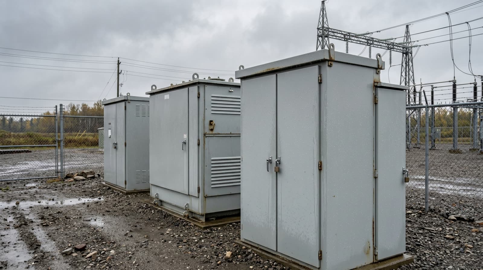 Light grey powder coated pad-mounted transformer and switchgear enclosures at an outdoor substation in the rain