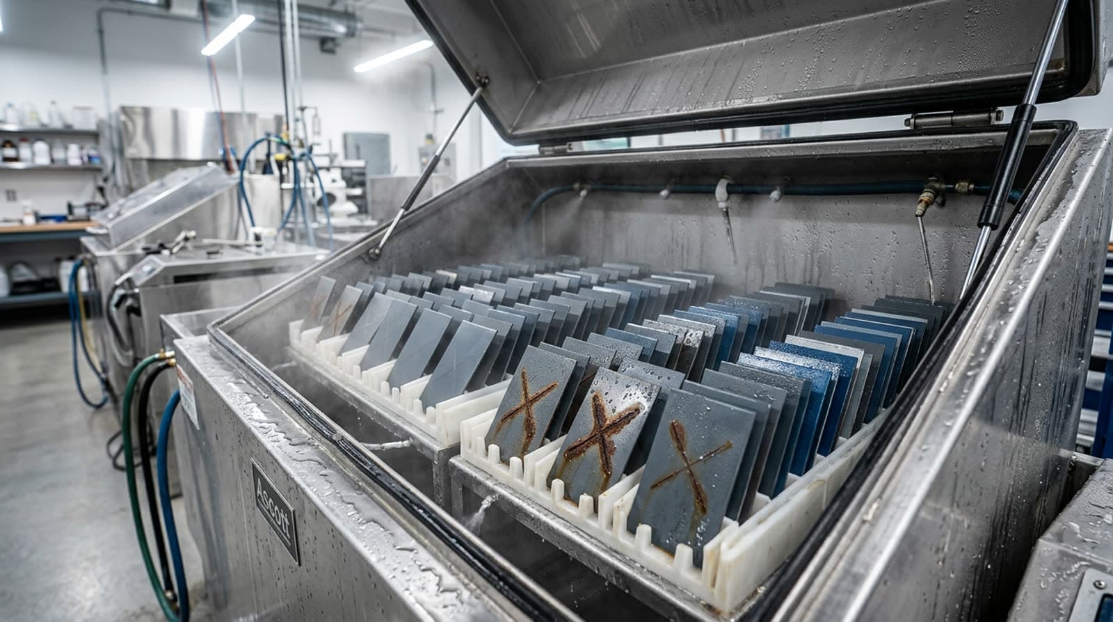 Scribed powder coated steel test panels on racks inside an open salt spray test cabinet