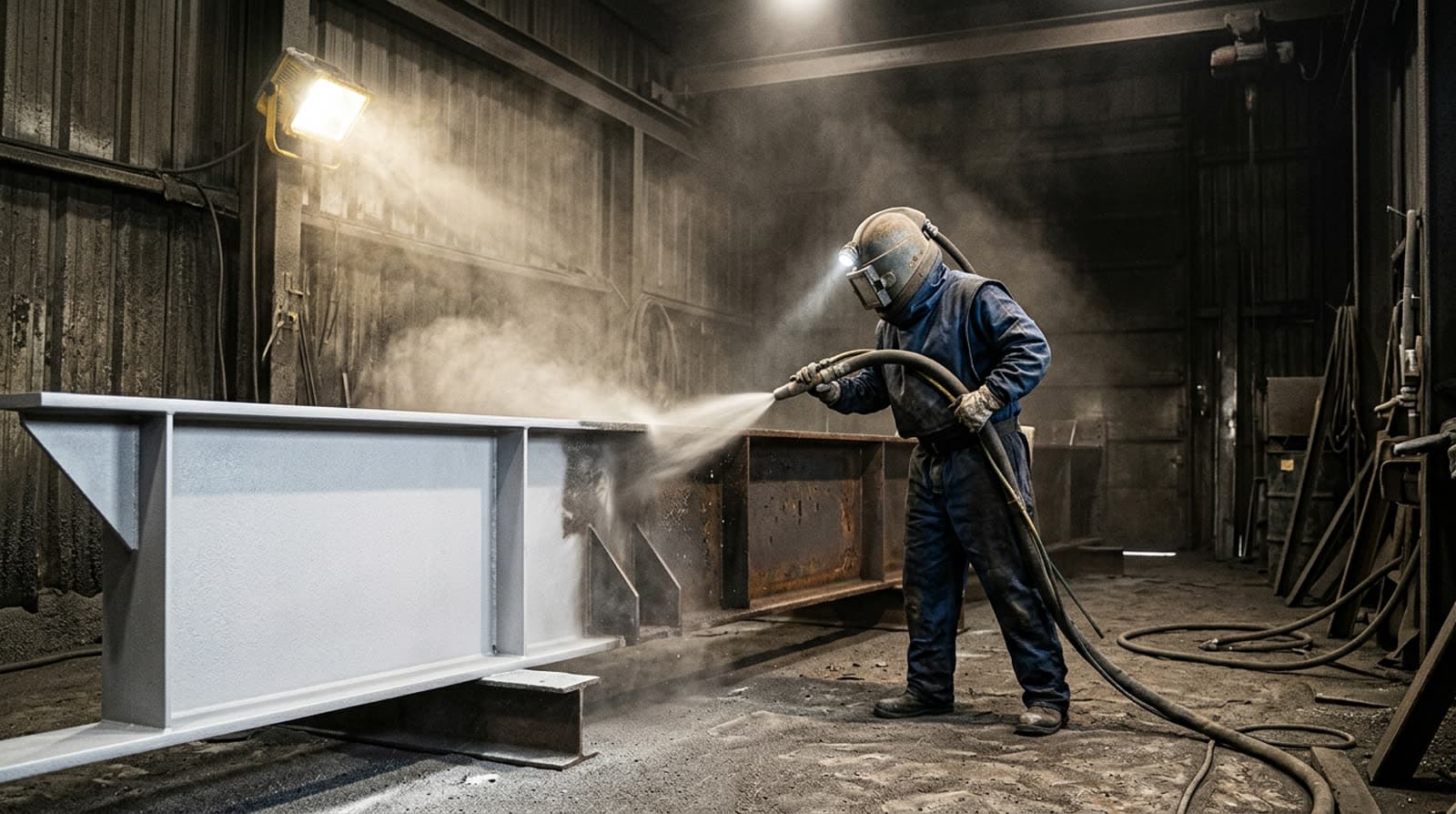 Worker in a blast suit abrasive blasting structural steel, half cleaned to near-white metal and half still rusted