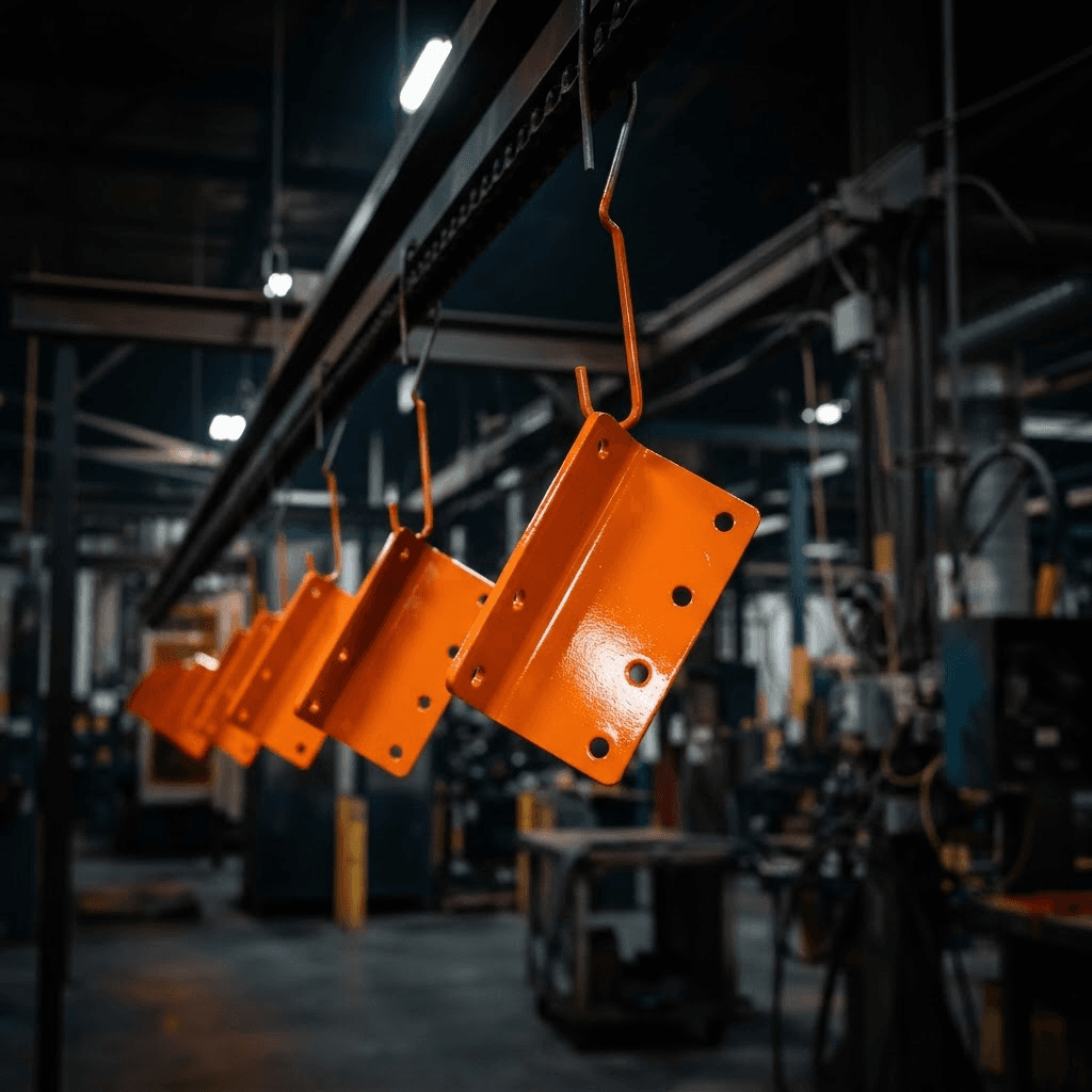 Safety-orange powder-coated steel brackets on a conveyor line