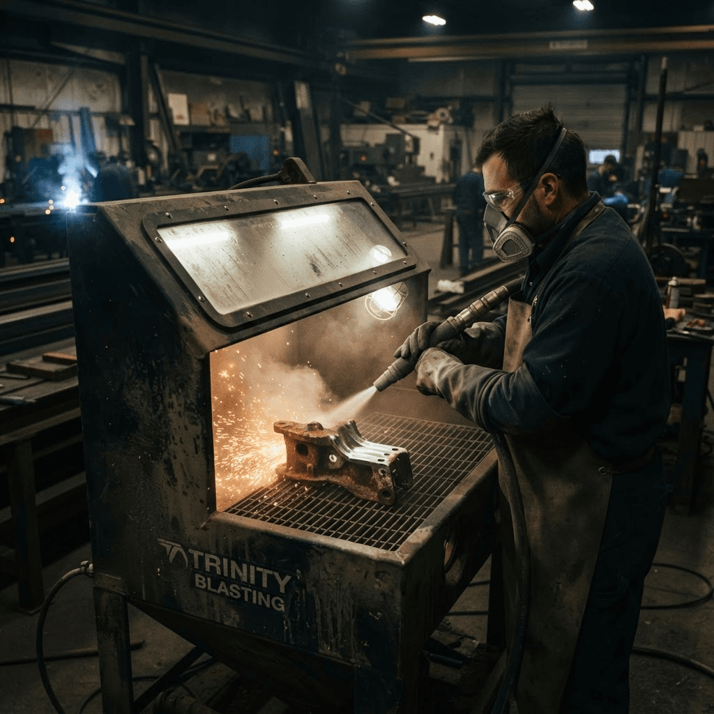 Sandblasting a steel component back to bare metal