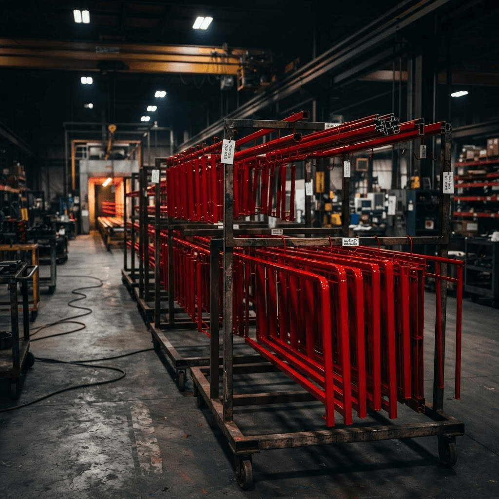 Red powder-coated railings curing on racks
