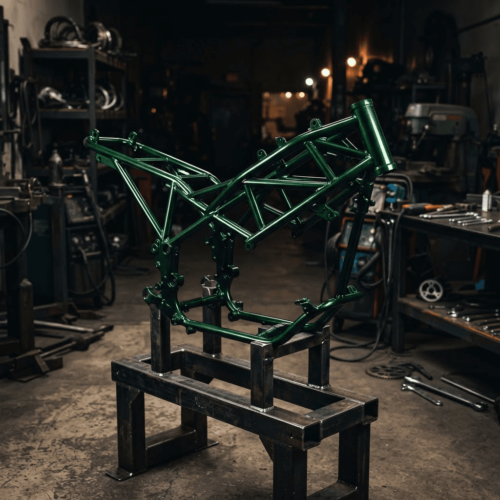 Candy green powder-coated custom motorcycle frame