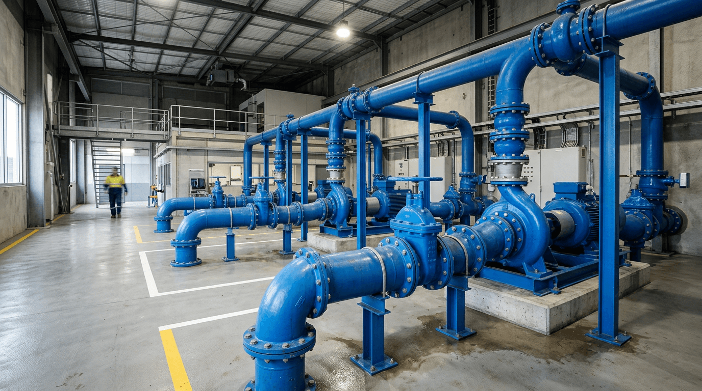 Water pumping station with coated pipework, valves and pump skids