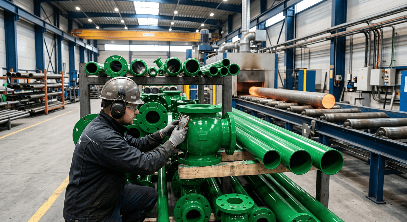 Technician measuring film thickness on fusion bond epoxy coated steel pipe, valves and fittings
